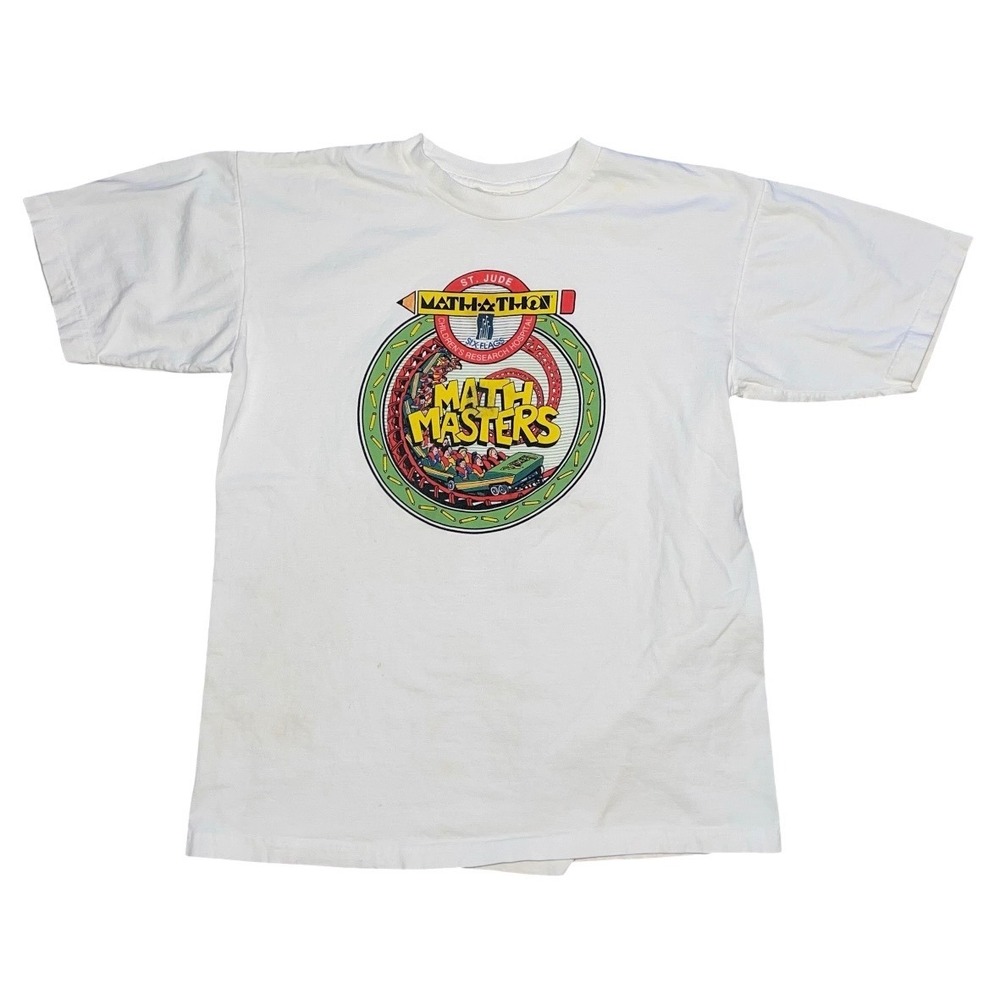 Vintage St Jude Math-A-Thon Math Masters T-Shirt White Six Flags Mens Medium
